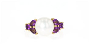 9.5-10mm Cultured Pearl and .80 ct. t.w. Amethyst Ring with Diamond Accents in 18kt Gold Over Sterling