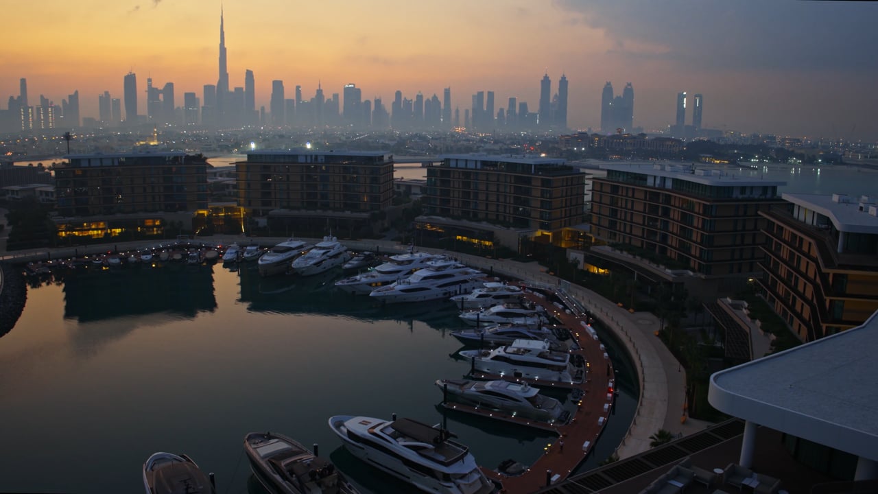 Aerial view of Bvlgari Resort and Residences in Dubai, from ChopperShoot’s film for Meraas
