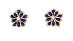 C. 1980 Vintage .30 ct. t.w. Diamond and Blue Enamel Flower Earrings in 18kt Yellow Gold