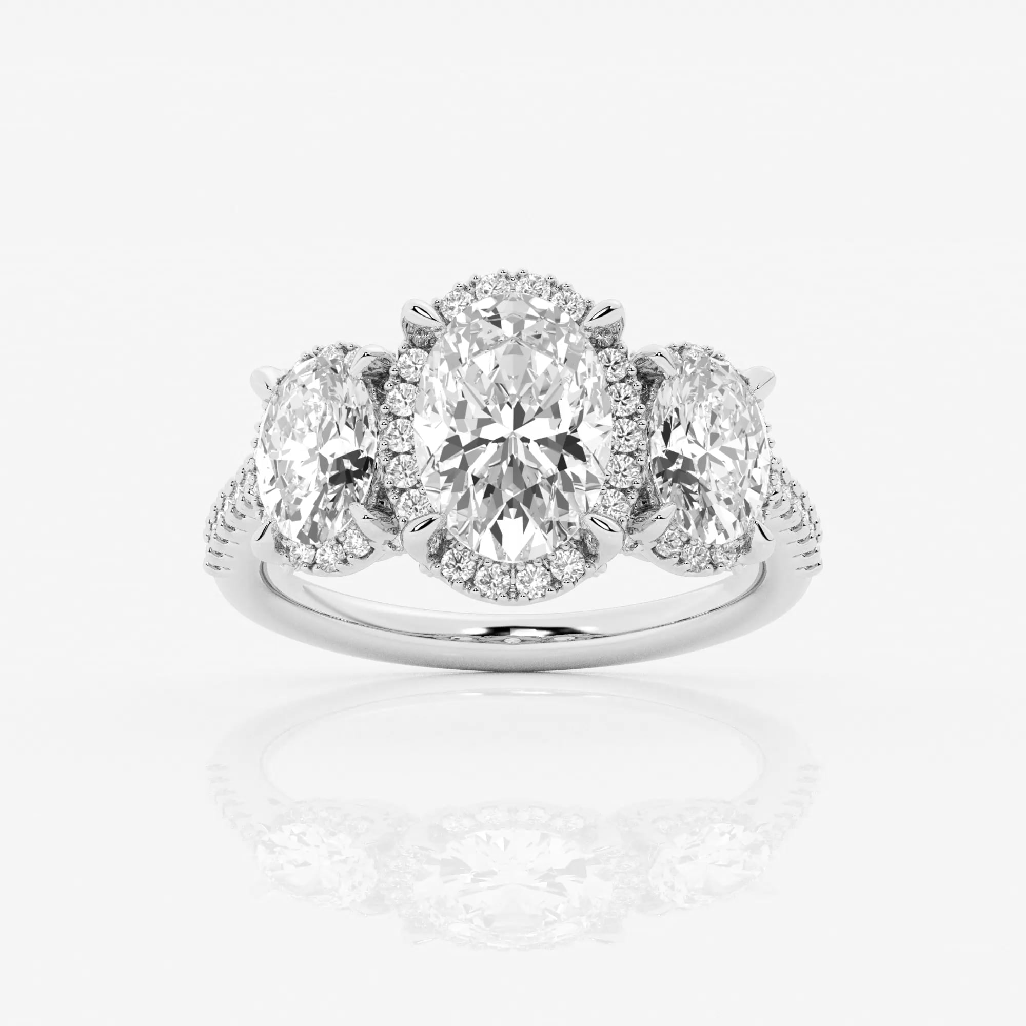 product video for 3 7/8 ctw Oval Lab Grown Diamond Shadow Halo Three Stone Engagement Ring