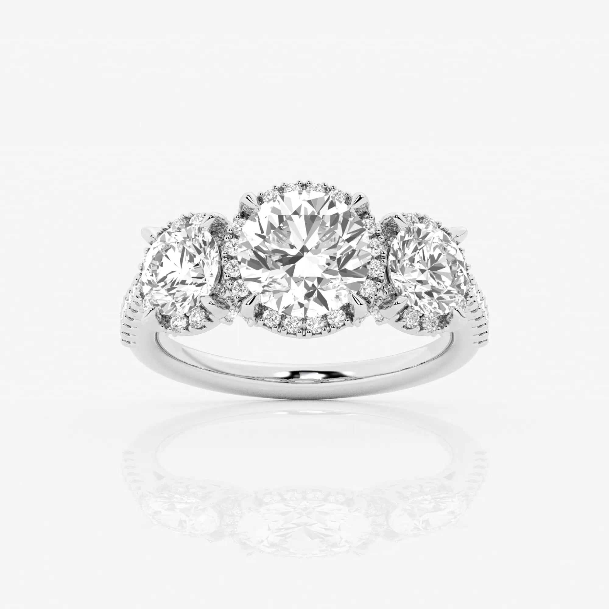 product video for 3 7/8 ctw Round Lab Grown Diamond Shadow Halo Three Stone Engagement Ring
