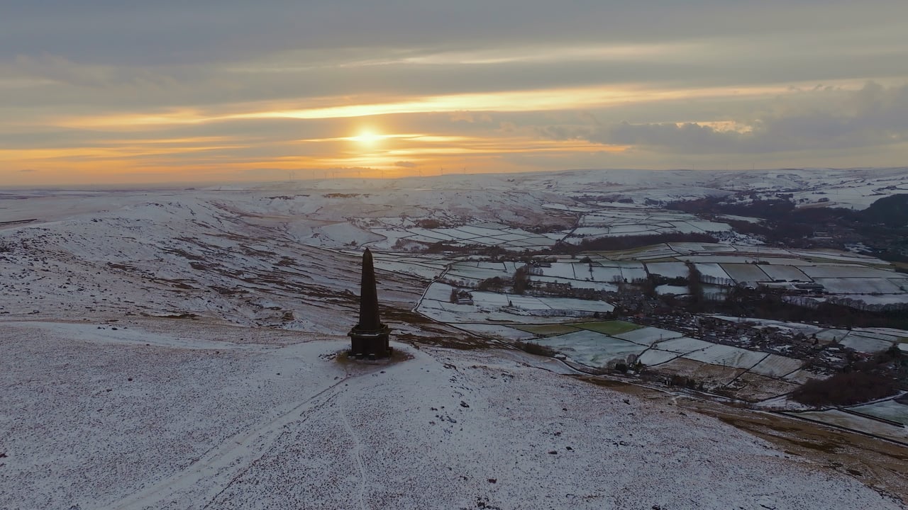 Stoodley Pike in winter, Calderdale aerial stock footage