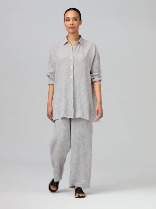 Striped Organic Linen Crinkle Classic Collar Shirt | EILEEN Striped Organic Linen Crinkle Classic Collar Shirt | EILEEN