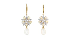 Opal, 10x7mm Cultured Pearl and 1.00 ct. t.w. White Topaz Starfish Drop Earrings in 18kt Gold Over Sterling