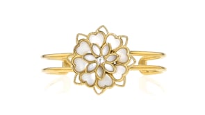 Mother-of-Pearl and .10 Carat White Topaz Cuff Bracelet in 18kt Gold Over Sterling