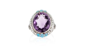C. 1950 Vintage 6.00 Carat Amethyst Ring with Seed Pearls and Blue Enamel in 14kt White Gold