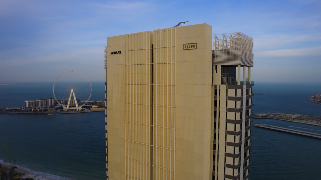 Aerial view of 1 JBR Tower in Dubai, from ChopperShoot’s film for Meraas