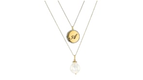 18kt Gold Over Sterling Layered Initial Necklace with 11-12mm Cultured Baroque Pearl and Diamond Accents