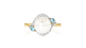 8.5-9mm Cultured Pearl, 2.30 ct. t.w. White Zircon and .10 ct. t.w. Swiss Blue Topaz Ring in 18kt Gold Over Sterling