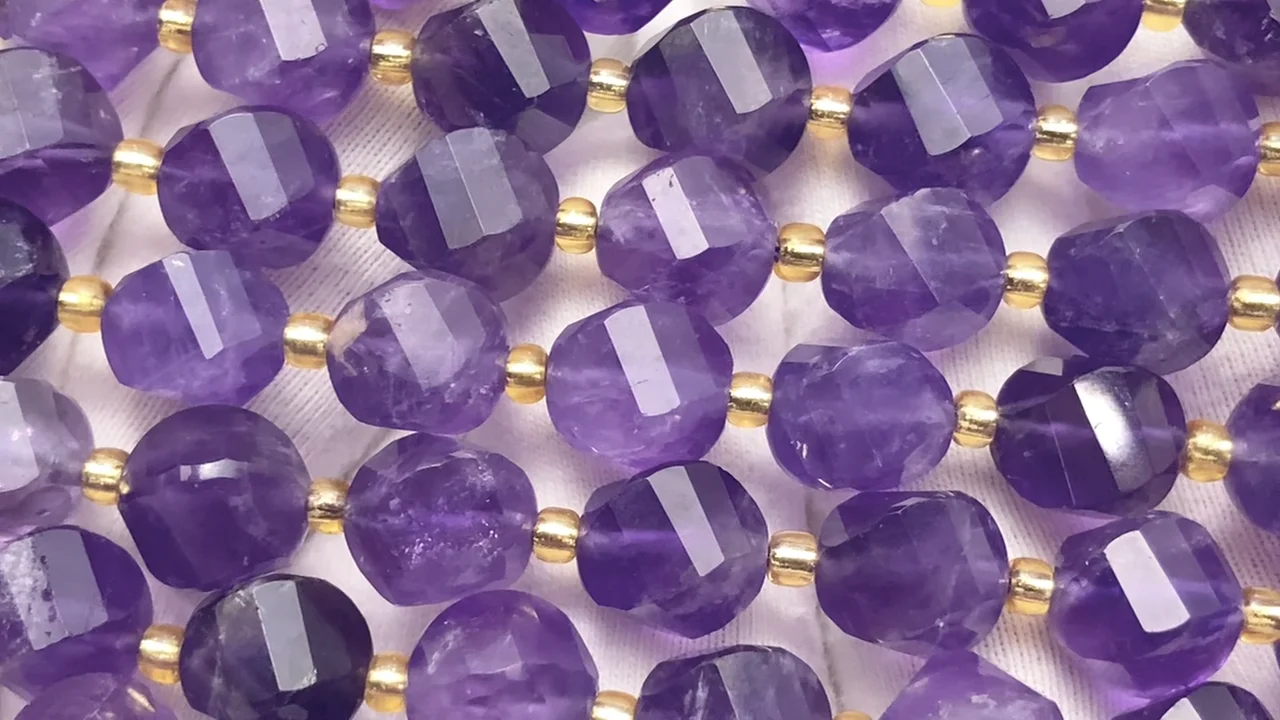 ブラジル産アメジスト 4面ツイスト×多面カット10×8×8mm 半連/1連