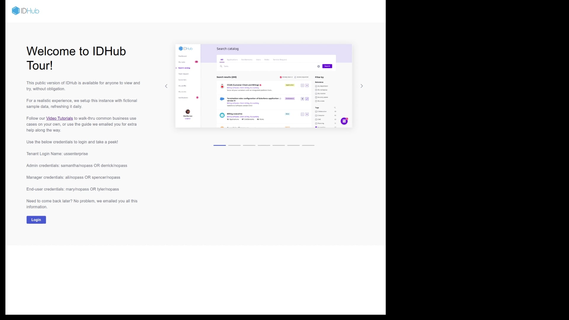 Instructions for how to login to IDHub Tour tenant