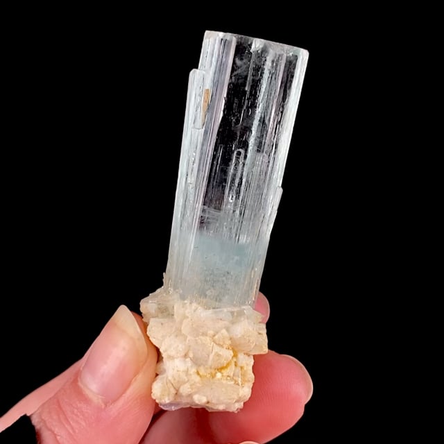 Beryl var: Aquamarine (GEM crystal with 2nd and 3rd order prism faces) with Albite