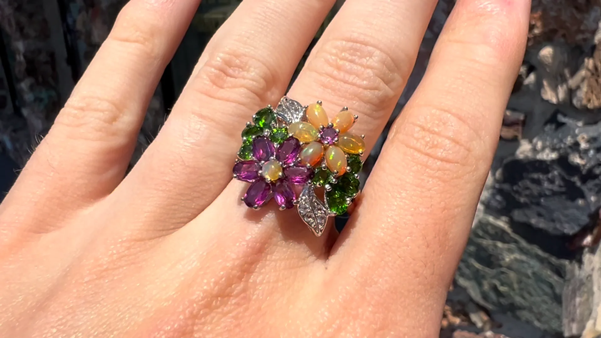 Opal & Gemstone Accented Flower Ring in Sterling Silver