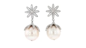Italian 14-14.5mm Cultured Pearl and 1.30 ct. t.w. CZ Floral Drop Earrings in Sterling Silver