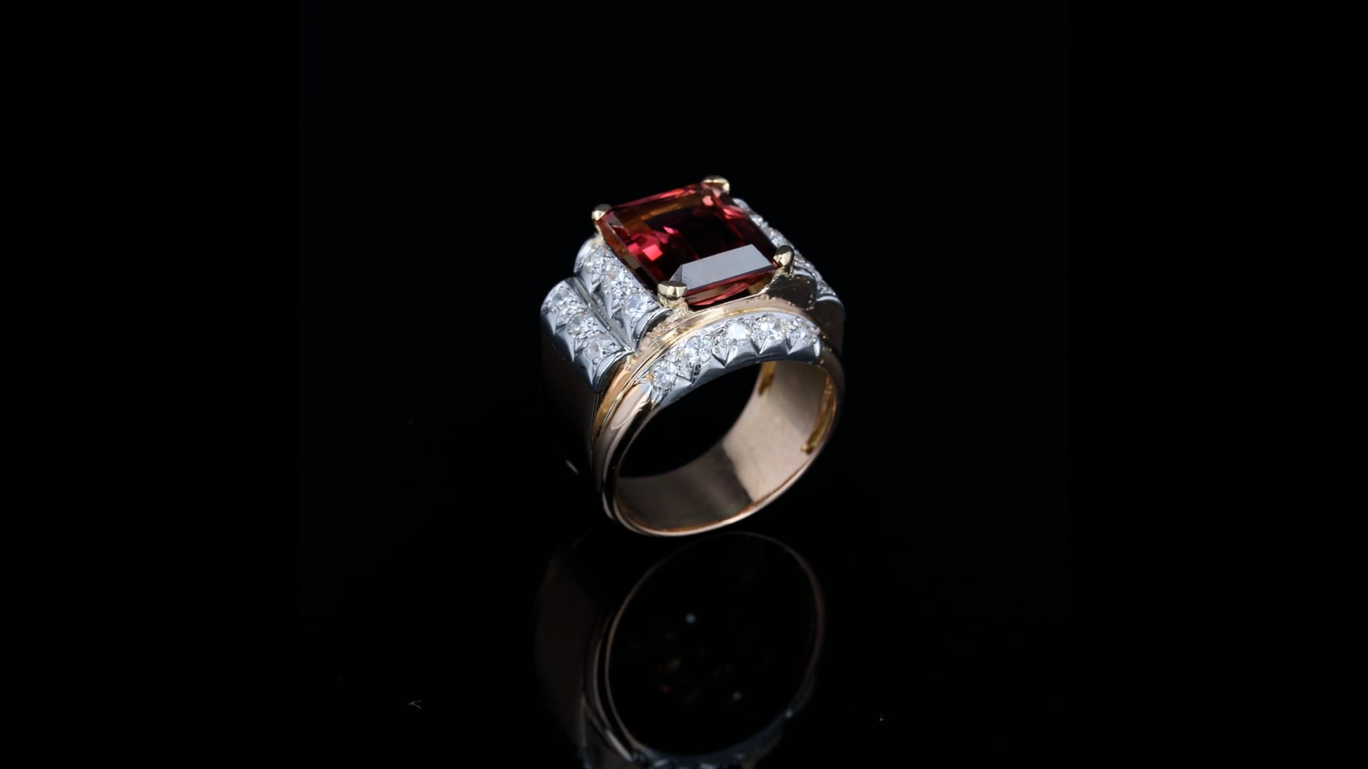 Bague Tank Art Déco En Or Rose 18k Avec Petit Diamant - Taille 53, Circa 1950 - Occasion
