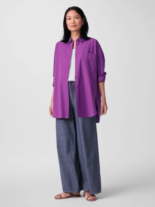 Washed Organic Cotton Poplin Classic Collar Long Shirt Washed Organic Cotton Poplin Classic Collar Long Shirt