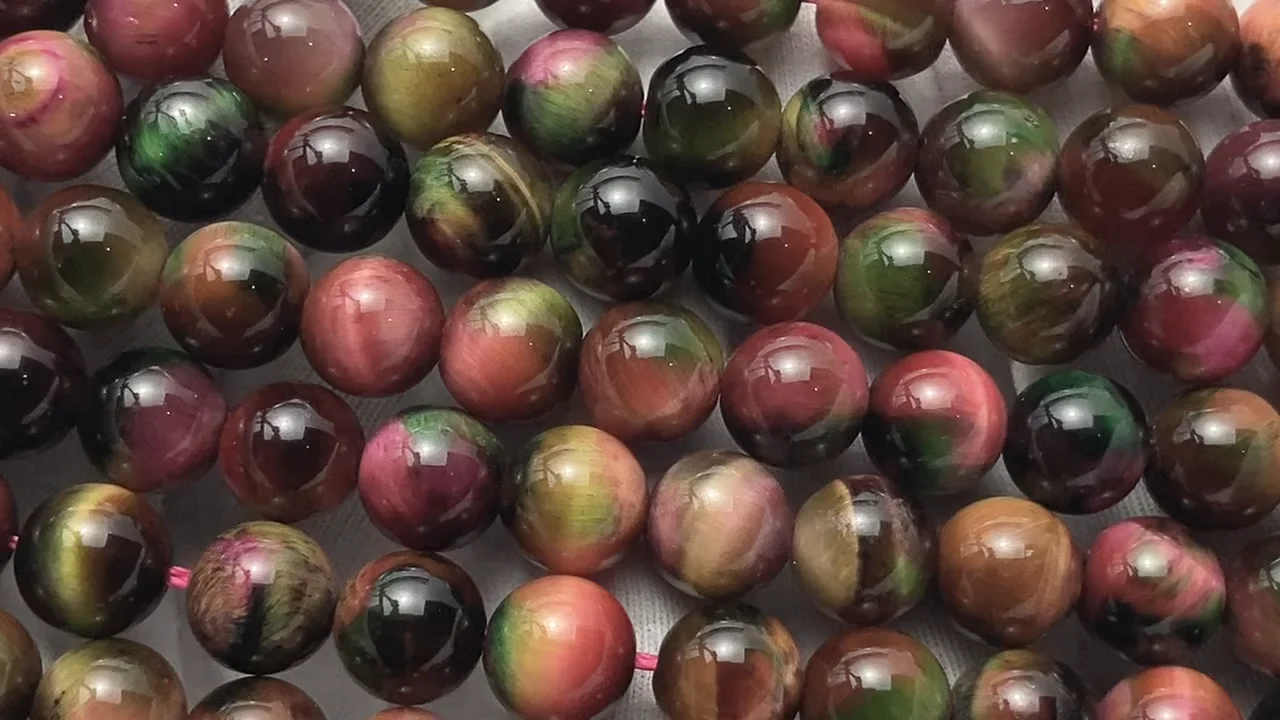 ミックスタイガーアイ ラウンド8mm 【ピンク×グリーン】 1連｜天然石