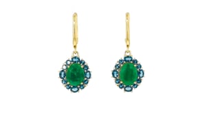 5.50 ct. t.w. Emerald and 2.80 ct. t.w. London Blue Topaz Drop Earrings in 18kt Gold Over Sterling