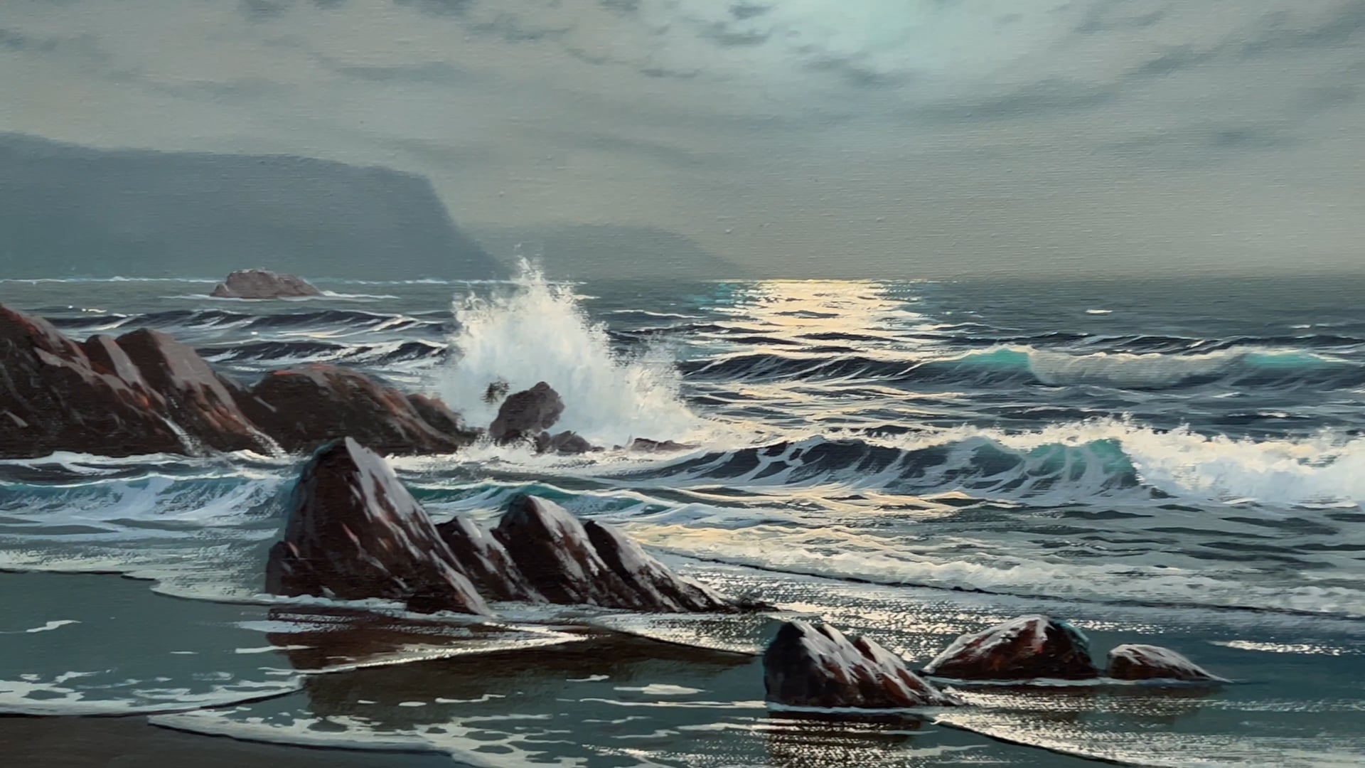 Peter Cosslett - Seascape Moonlight with Crashing Waves Vintage