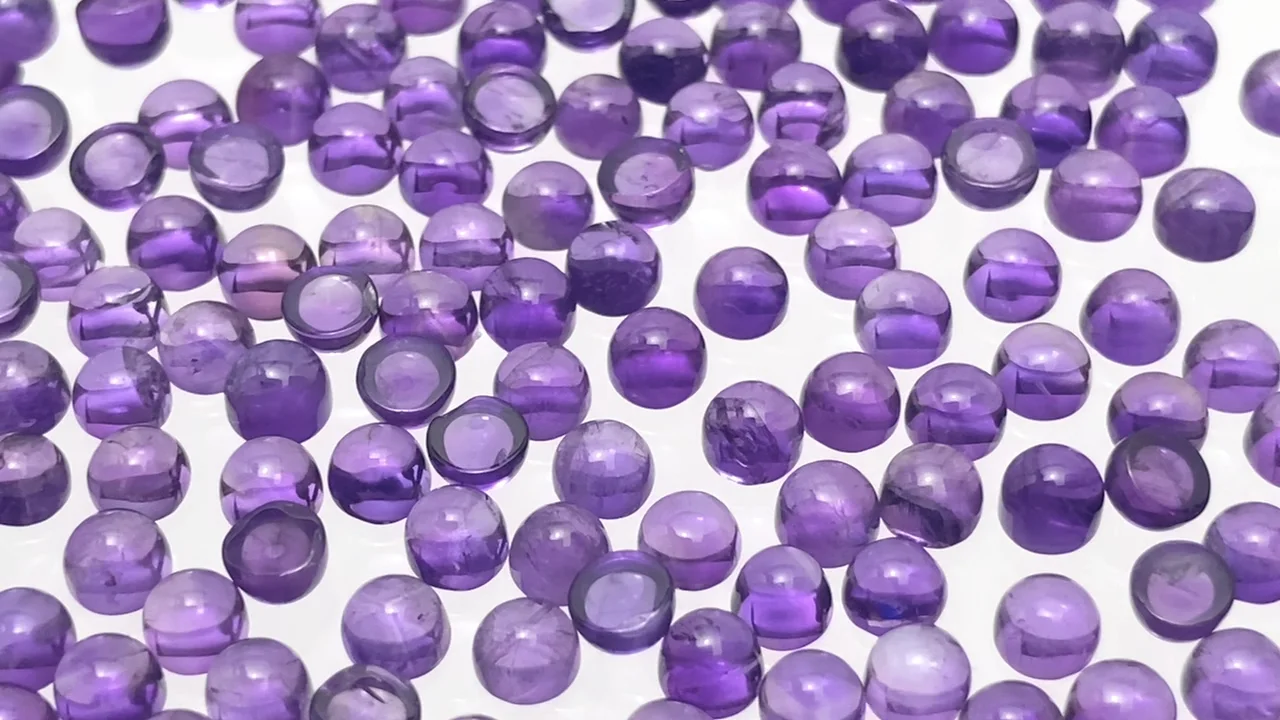 動画】宝石質アメジストAAA- ラウンド カボション3×3mm 10個 - 天然石