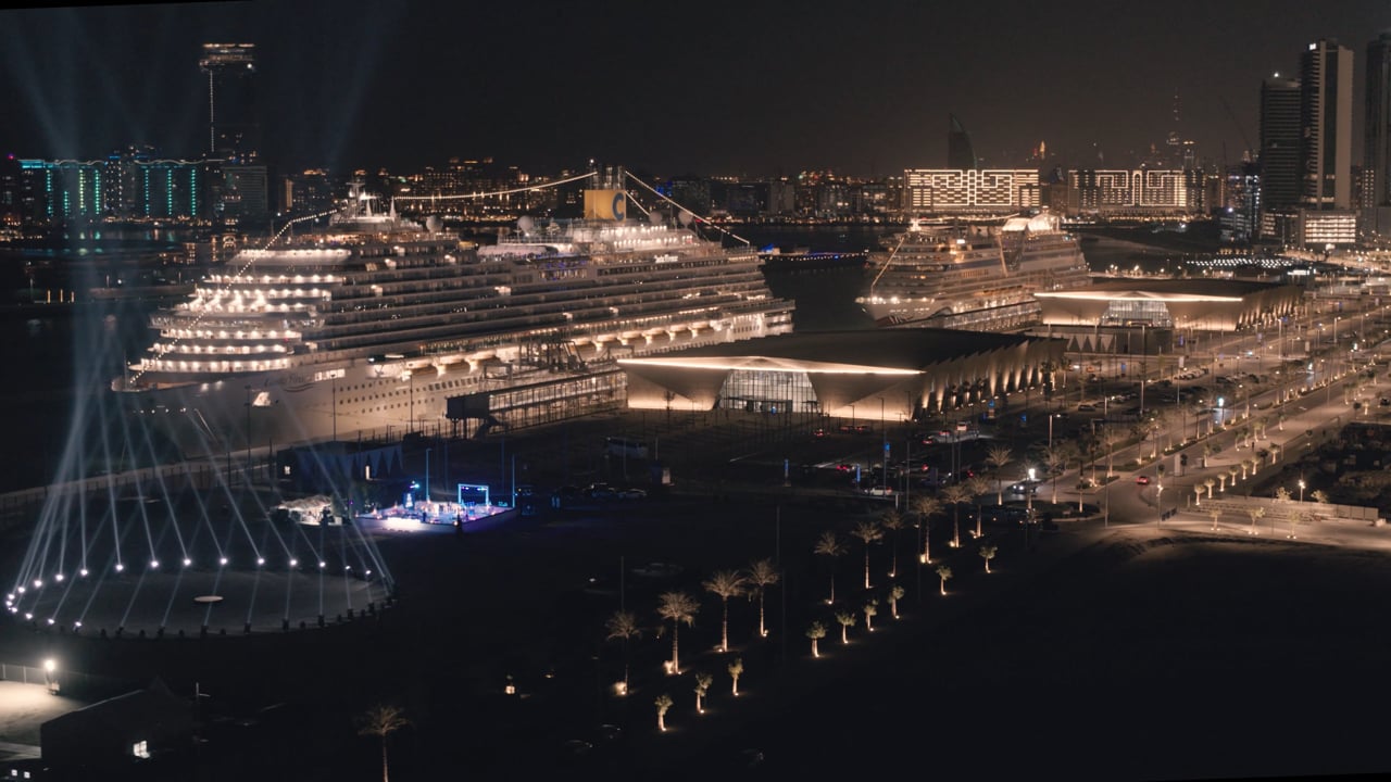 Aerial view of the Dubai Harbour opening event, from ChopperShoot’s film