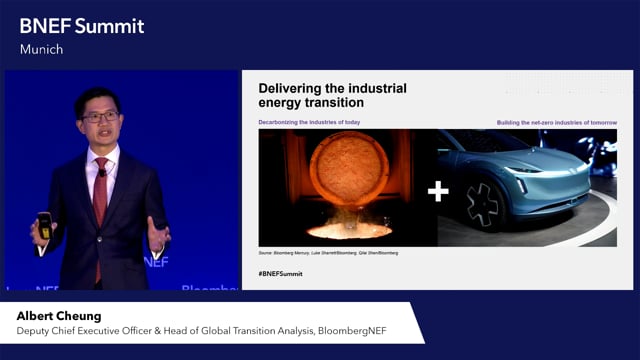 Watch "<h3>BNEF Talk: Industrial Energy Transition: The 3Cs</h3>
The industrial energy transition is gaining pace, with rising investment in clean-tech manufacturing, industry decarbonization, circularity, hydrogen and carbon capture. To unlock the next phase of progress, public and private sector leaders must focus on the three Cs: customers, clusters and competitiveness. Albert Cheung, Deputy CEO, BloombergNEF"