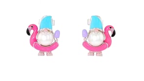 6.5-7mm Cultured Pearl and Multicolored Enamel Flamingo Floatie Gnome Earrings in Sterling Silver