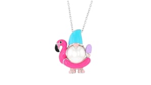 9-9.5mm Cultured Pearl and Multicolored Enamel Flamingo Floatie Gnome Pendant Necklace in Sterling Silver