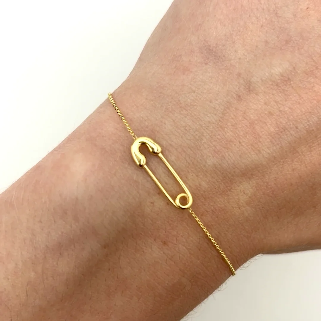 14K Yellow Gold Cable Safety Pin Bracelet - Adjustable Elegance