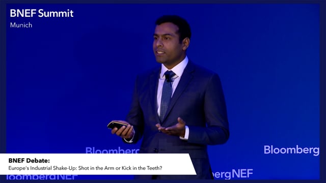 Watch "<h3>BNEF Debate: Europe’s Industrial Shake-Up: Shot in the Arm or Kick in the Teeth?</h3>
The EU is poised to cut industrial emissions faster than most. That could present an advantage as European companies take the lead. Yet decarbonizing first is costly: a tricky proposition with local producers already struggling to remain competitive. This debate will present both arguments with nothing less than Europe's industrial future in the balance.

Allen Tom Abraham, Head of Sustainable Materials, BloombergNEF
Antoine Vagneur-Jones, Head of Trade and Supply Chains, BloombergNEF"