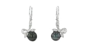 8-8.5mm Black Cultured Tahitian Pearl Bow Drop Earrings with Diamond Accents in Sterling Silver