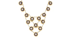 C. 1990 Vintage Blue and White Enamel Flower Disc Bib Necklace in 20kt Yellow Gold