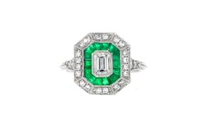 C. 1990 Vintage .68 ct. t.w. Diamond and .52 ct. t.w. Emerald Ring in 14kt White Gold