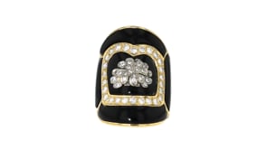 C. 1980 Vintage Onyx and 1.15 ct. t.w. Diamond Floral Ring in 18kt Yellow Gold
