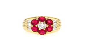 C. 1990 Vintage 1.50 ct. t.w. Ruby and .70 ct. t.w. Diamond Flower Ring in 18kt Yellow Gold