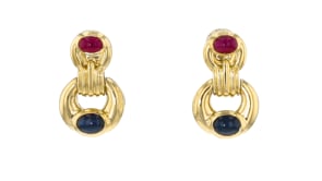C. 1980 Vintage 1.20 ct. t.w. Sapphire and 1.00 ct. t.w. Ruby Doorknocker Earrings in 18kt Yellow Gold