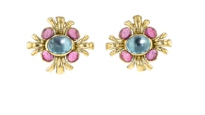 C. 1960 Vintage 6.00 ct. t.w. Sky Blue Topaz and 5.20 ct. t.w. Pink Tourmaline Clip-On Earrings in 18kt Yellow Gold
