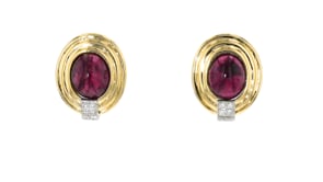 C. 1980 Vintage 14.00 ct. t.w. Pink Tourmaline and .40 ct. t.w. Diamond Earrings in 18kt Yellow Gold