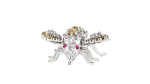 C. 1980 Vintage 2.15 ct. t.w. Yellow and White Diamond Bumblebee Pin with Ruby Accents in 14kt White Gold