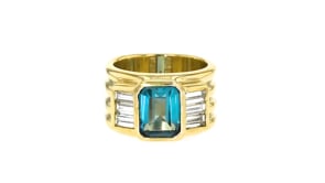 C. 1990 Vintage 3.00 Carat Swiss Blue Topaz and .90 ct. t.w. Diamond Ring in 18kt Yellow Gold