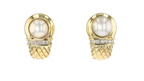 C. 1980 Vintage 12mm Cultured Mabe Pearl and .40 ct. t.w. Diamond Curved Earrings in 14kt Yellow Gold