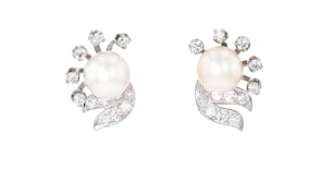 C. 1980 Vintage 8.5mm Cultured Pearl and 1.10 ct. t.w. Diamond Swirl Earrings in Platinum