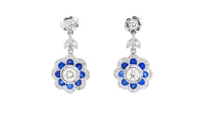 C. 1990 Vintage 1.30 ct. t.w. Sapphire and 1.20 ct. t.w. Diamond Floral Drop Earrings in 18kt White Gold