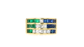 C. 1990 Vintage 1.30 ct. t.w. Sapphire and .84 ct. t.w. Emerald Ring with .81 ct. t.w. Diamonds in 18kt Yellow Gold