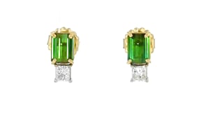 C. 1980 Vintage 4.50 ct. t.w. Green Tourmaline and 1.00 ct. t.w. Diamond Earrings in 14kt Yellow Gold