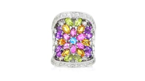 C. 1990 Vintage 4.84 ct. t.w. Multi-Gemstone and .94 ct. t.w. Diamond Floral Cocktail Ring in 18kt White Gold