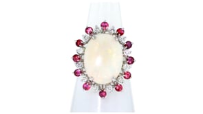 C. 1970 Vintage Opal, 1.20 ct. t.w. Ruby and   30 ct. t.w. Diamond Cocktail Ring in 14kt White Gold