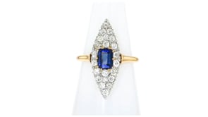 C. 1930 Vintage .75 Carat Sapphire and .70 ct. t.w. Diamond Navette Ring in Platinum and 18kt Yellow Gold