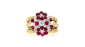 C. 1980 Vintage 1.45 ct. t.w. Ruby and 1.00 ct. t.w. Diamond Cluster Ring in 18kt Yellow Gold