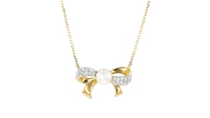 4-4.5mm Cultured Pearl Bow Necklace with Diamond Accents in 14kt Yellow Gold
